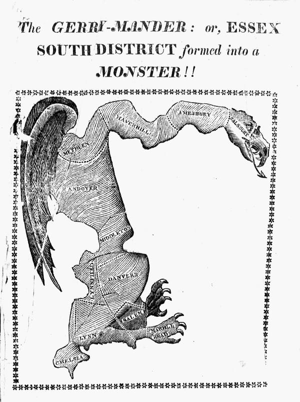Stylized engraving of an electoral district in the shape of winged salamander and bearing the label, “Gerry-mander”