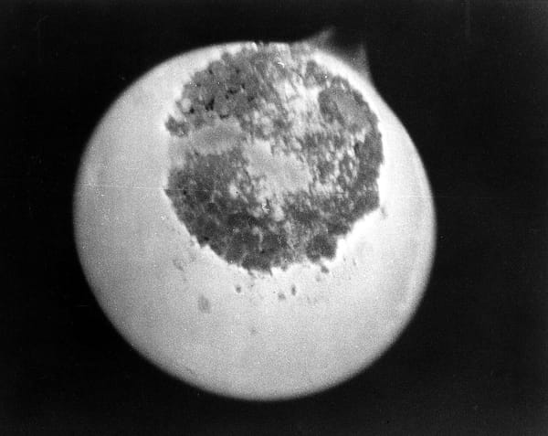 Black-and-white photo of a dark circle of granular objects surrounded by a white glow