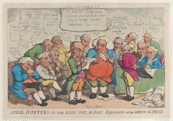 Colored drawing of 14 elderly, corpulent men in early 19th-century dress discussing libel proceedings