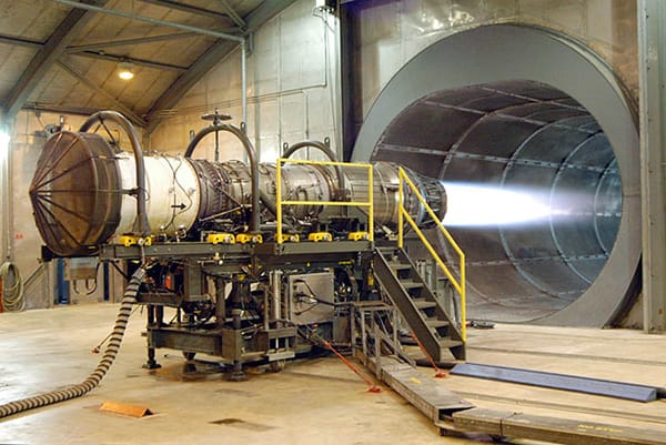 A jet engine being fired on a test stand