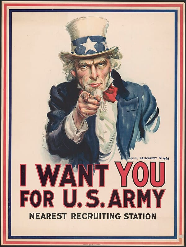 Drawing of a white-haired, goateed man in a blue suit and top hat, pointing, with the words “I want you for U.S. Army”