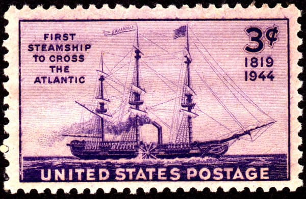 Three-cent U.S. postage stamp depicting a ship with sails and a steam-powered sidewheel