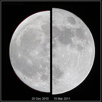 Side-by-size photos of two full Moons showing a marginal difference in size between them