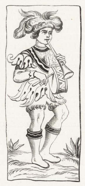 Drawing of a gaudily clad entertainer playing a flute and beating a drum