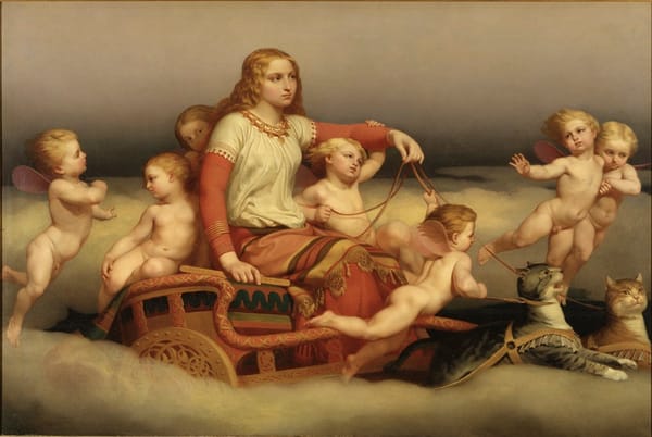 Painting of a blond woman on a cart drawn through the clouds by two cats & surrounded by seven elves (depicted as cherubim)