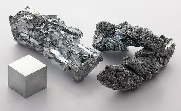 Three samples of zinc, a crystalline fragment (right), a sublimed dendritic (center), and a one-centimeter cube