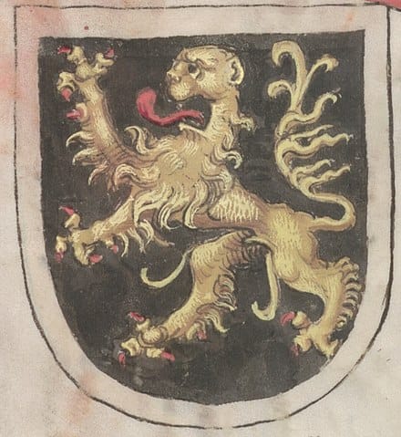 Drawing of a coat of arms with a stylized lion rampant