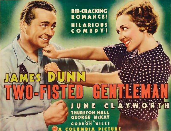 Movie poster featuring a man and a woman playfully sparring, with the tagline, “Rib-Cracking Romance! Hilarious Comedy!”