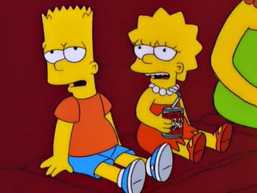 Cartoon characters Lisa and Bart Simpson sitting on a couch and saying, “meh”