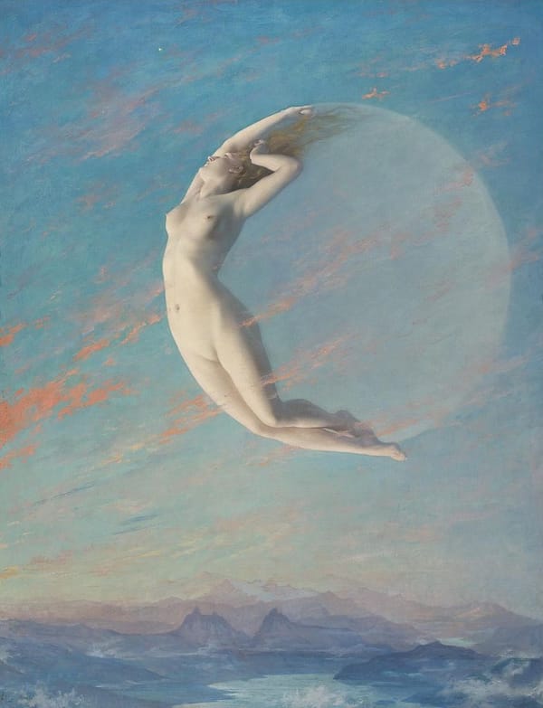 Painting of a stylized crescent moon where the illuminated crescent is in the shape of a nude woman