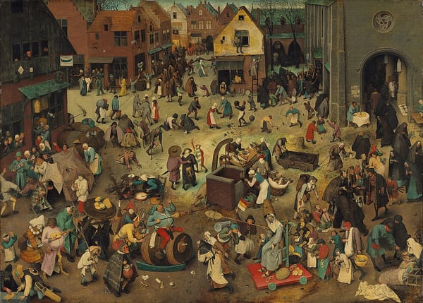 Painting of a village scene depicting revelers clashing with fasters