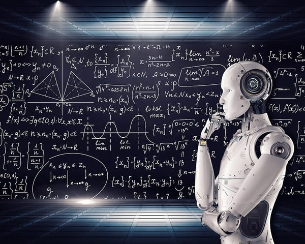 An android with hand on chin appears to be pondering a series of equations