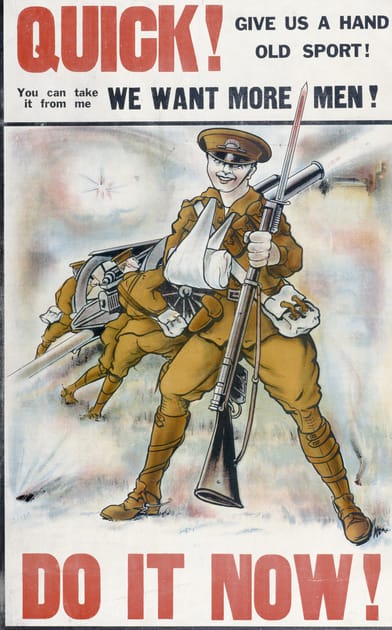 WWI recruiting poster that reads, “Quick! Give us a hand old sport!” with an image of a wounded soldier holding out a rifle