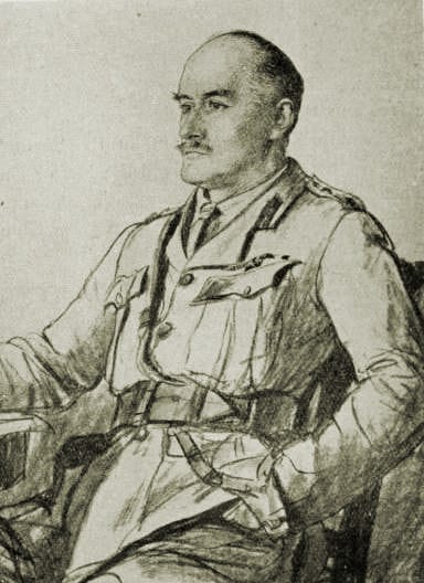 Pencil sketch of a seated man in military uniform