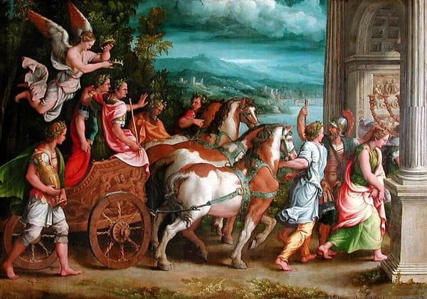 Painting of two laurel-crowned men riding in a chariot in a procession, an angel bearing crowns hovers above them