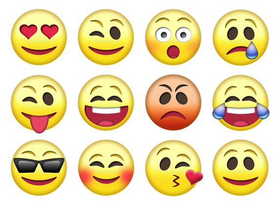 A table of 12 emoji showing stylized faces displaying various emotions and moods