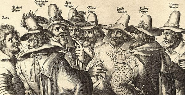 Engraving of 8 bearded men, all but one wearing hats, gathered in a circle, talking