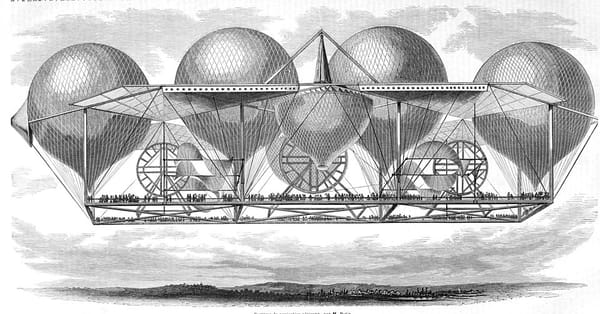 Engraving of a large platform carrying many people held aloft by four large balloons