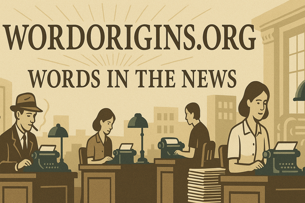 Stylized image of a 1940s newspaper newsroom with the words “Wordorigins.org: Words in the News”