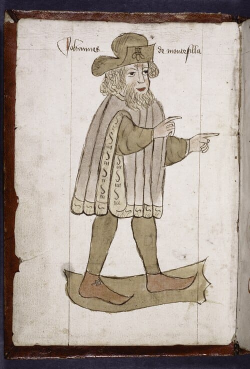 Drawing of a man in medieval dress labeled “Johannes de Montevilla.”